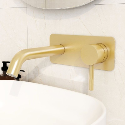 Ravine Two Hole Wall Mounted Basin Mixer - Brushed Brass